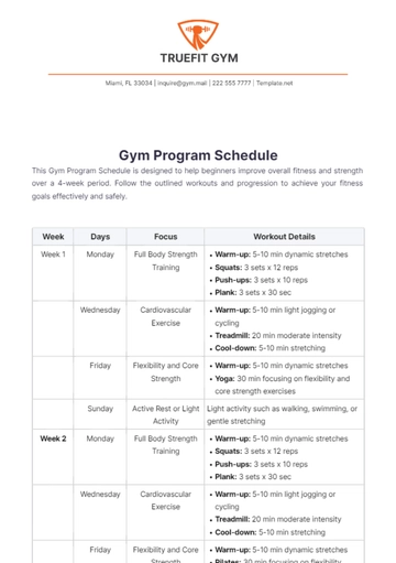 Free Gym Program Schedule Template to Edit Online