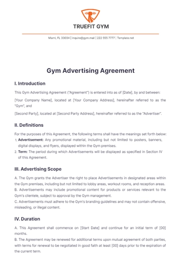 Free Gym Advertising Agreement Template to Edit Online