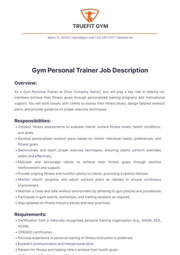 Free Gym Personal Trainer Job Description Template to Edit Online