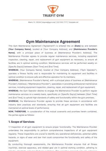 Free Gym Maintenance Agreement Template to Edit Online