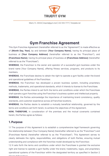 Free Gym Franchise Agreement Template to Edit Online