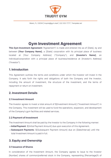 Free Gym Investment Agreement Template to Edit Online