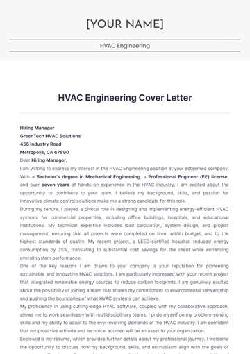 Free HVAC Engineering Cover Letter to Edit Online