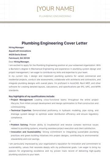 Free Plumbing Engineering Cover Letter to Edit Online