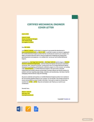 Certified Mechanical Engineer Cover Letter Template