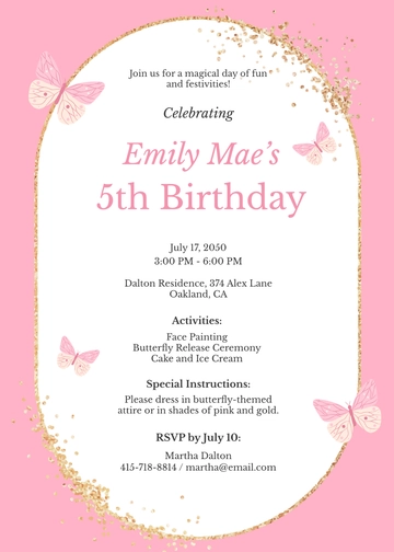 Free Pink And Gold Butterfly Invitation Template to Edit Online
