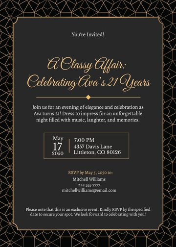 Free Classy 21st Birthday Invitation Template to Edit Online