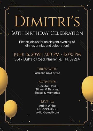 Free Black And Gold 60th Birthday Invitation Template to Edit Online