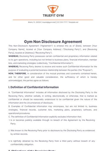 Free Gym Non Disclosure Agreement Template to Edit Online