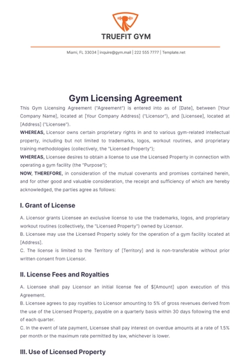 Free Gym Licensing Agreement Template to Edit Online
