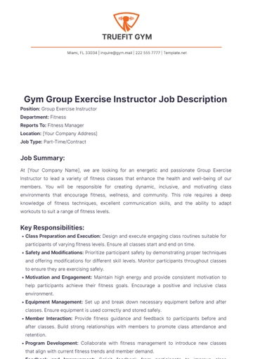 Free Gym Group Exercise Instructor Job Description Template to Edit Online