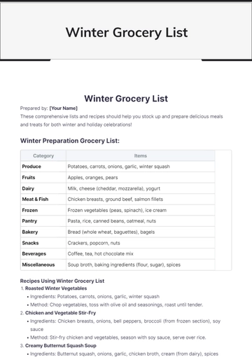 Free Winter Grocery List Template to Edit Online