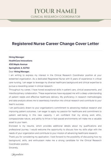 Free Registered Nurse Career Change Cover Letter to Edit Online