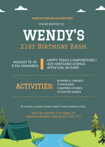 Free Camping 21st Birthday Party Invitation Template to Edit Online
