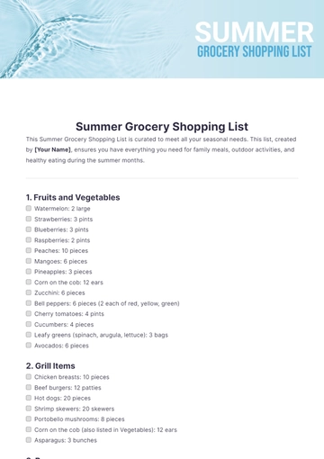 Free Summer Grocery Shopping List Template to Edit Online