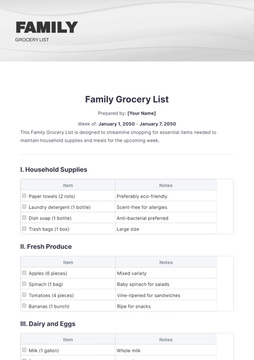 Free Family Grocery List Template to Edit Online