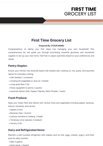 Free First Time Grocery List Template to Edit Online