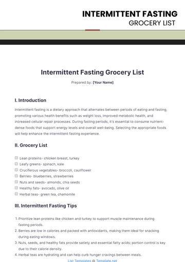 Free Intermittent Fasting Grocery List Template to Edit Online
