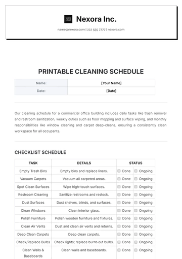 Free Printable Cleaning Schedule Template to Edit Online