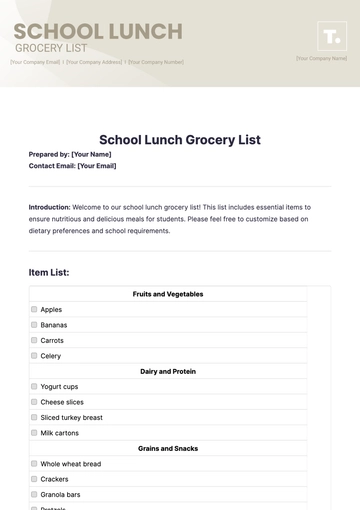 Free School Lunch Grocery List Template to Edit Online
