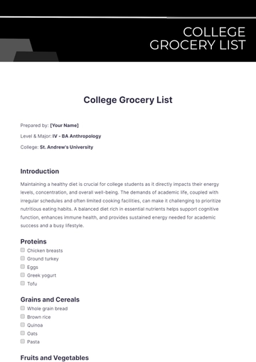 Free College Grocery List Template to Edit Online
