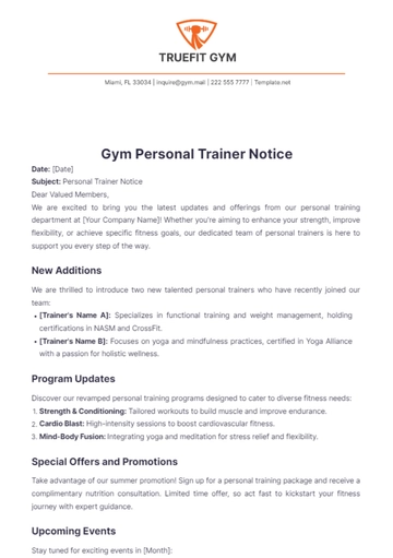 Free Gym Personal Trainer Notice Template to Edit Online
