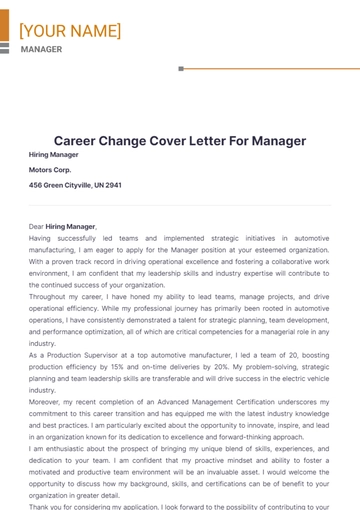 Free Career Change Cover Letter For Manager to Edit Online