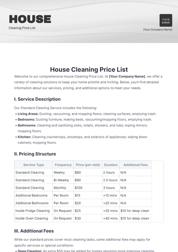Free House Cleaning Price List Template