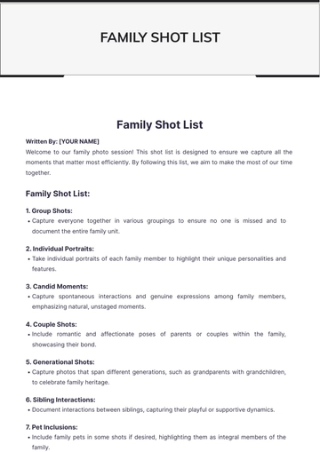 Free Family Shot List Template to Edit Online