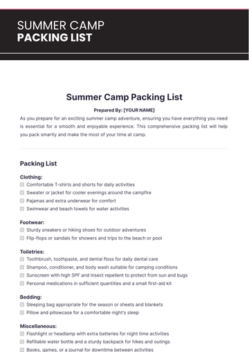 Free Summer Camp Packing List Template to Edit Online