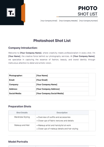 Free Photoshoot Shot List Template to Edit Online