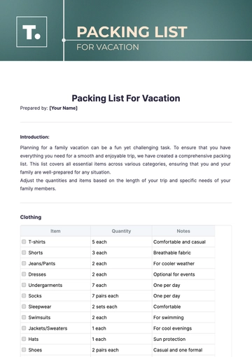 Free Packing List For Vacation Template to Edit Online