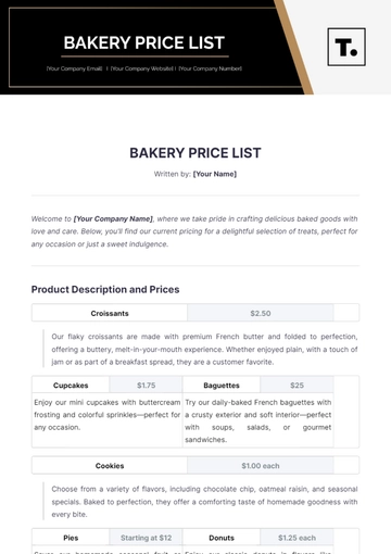 Free Bakery Price List Template to Edit Online
