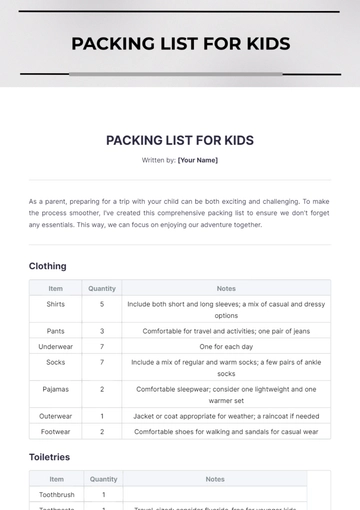 Free Packing List For Kids Template to Edit Online