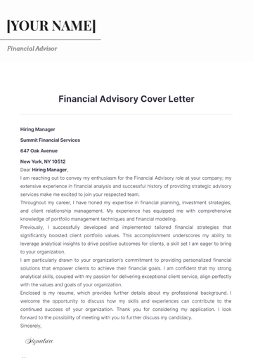 Free Financial Advisory Cover Letter to Edit Online