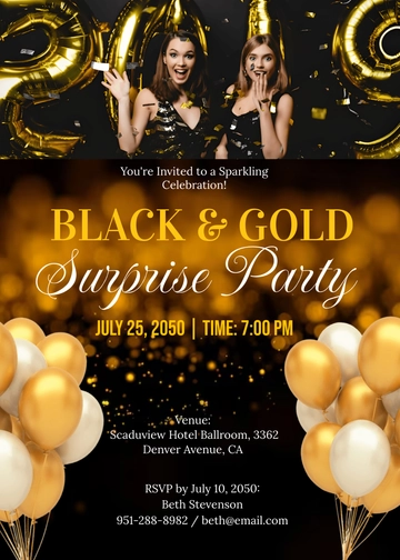 Free Black And Gold Surprise Party Invitation Template to Edit Online