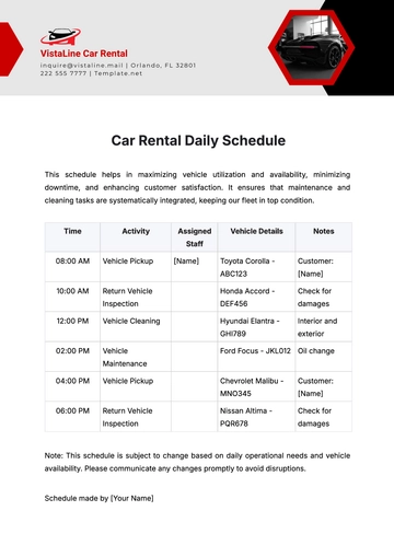 Free Car Rental Daily Schedule Template to Edit Online