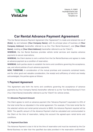 Free Car Rental Advance Payment Agreement Template to Edit Online
