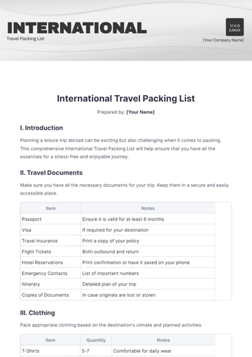 Free International Travel Packing List Template to Edit Online