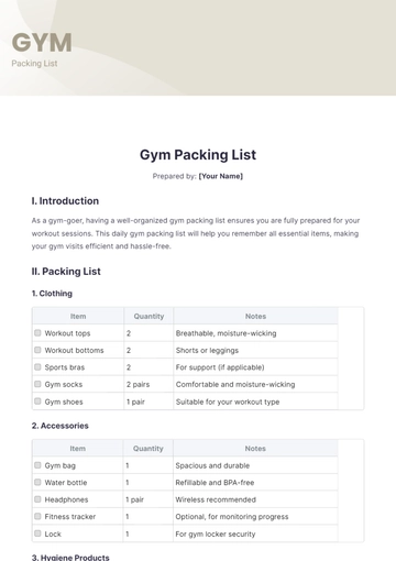 Free Gym Packing List Template to Edit Online