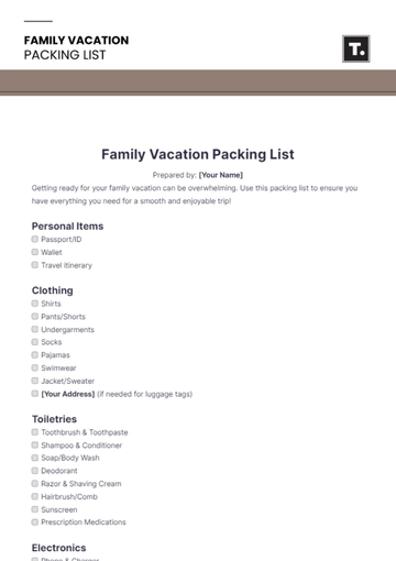 Free Family Vacation Packing List Template to Edit Online