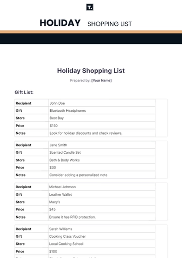 Free Holiday Shopping List Template to Edit Online