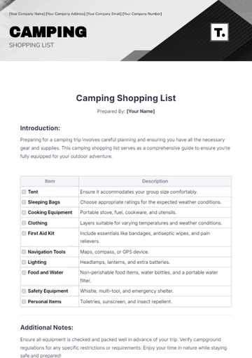 Free Camping Shopping List Template to Edit Online