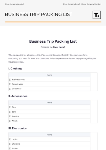 Free Business Trip Packing List Template to Edit Online