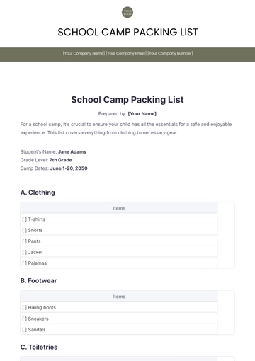 Free School Camp Packing List Template to Edit Online