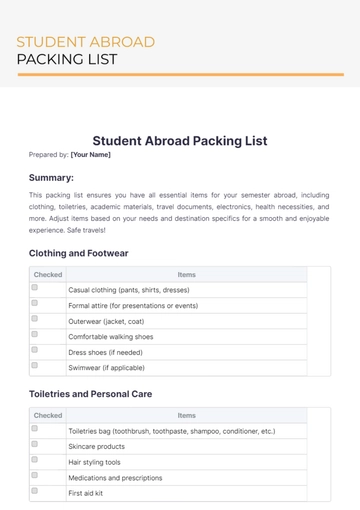 Free Study Abroad Packing List Template to Edit Online