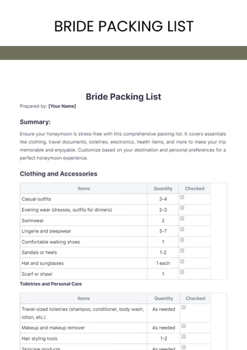 Free Bride Packing List Template to Edit Online