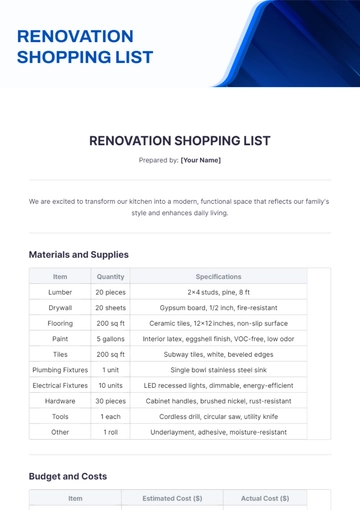 Free Renovation Shopping List Template to Edit Online