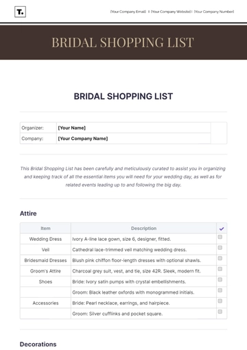 Free Bridal Shopping List Template to Edit Online