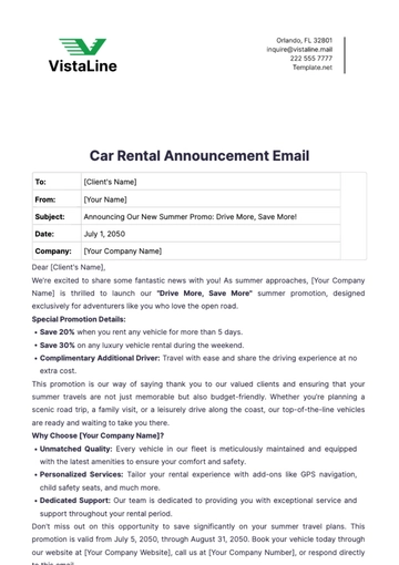 Free Car Rental Announcement Email Template to Edit Online